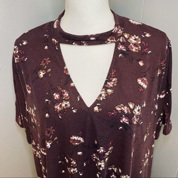 Hippie Laundry Short Sleeve Burgundy Red Floral Dress Choker Neck - Picture 2 of 6